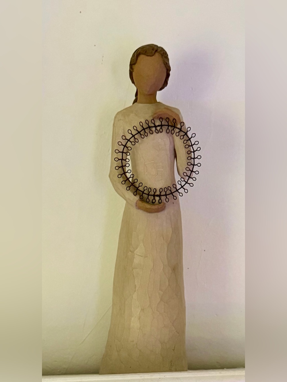 Neutral Wood-Tone Figurine with Black Wire Wreath - Home Art Decor